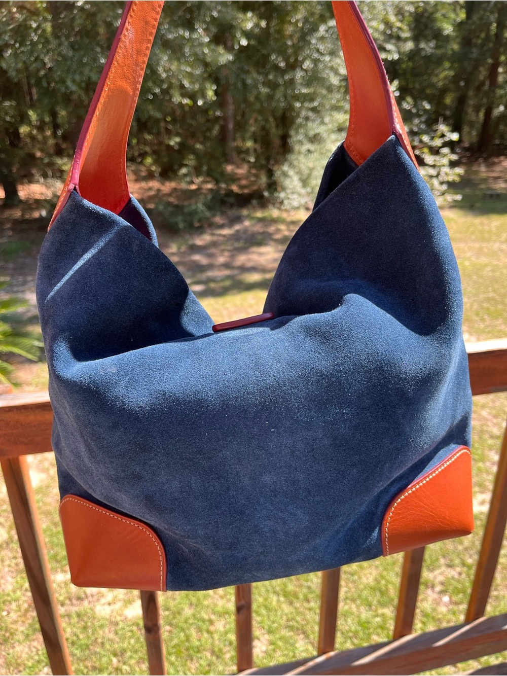 Dooney & Bourke Blue Suede Shoulder Bag with Brown Leather Trim - Picture 2 of 16
